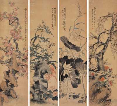 张熊 乙巳（1845年）作 花鸟四条屏 立轴